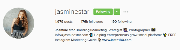 Biografija profila Jasmine Star v Instagramu prikazuje njeno vrednost.