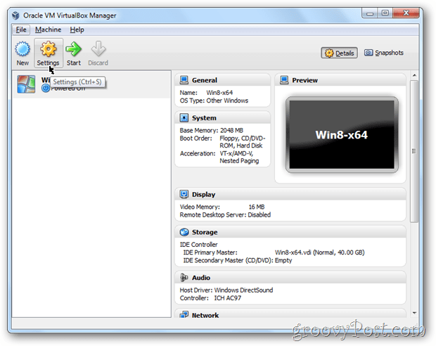 Nastavitve VirtualBoxa konfigurirajo Windows 8
