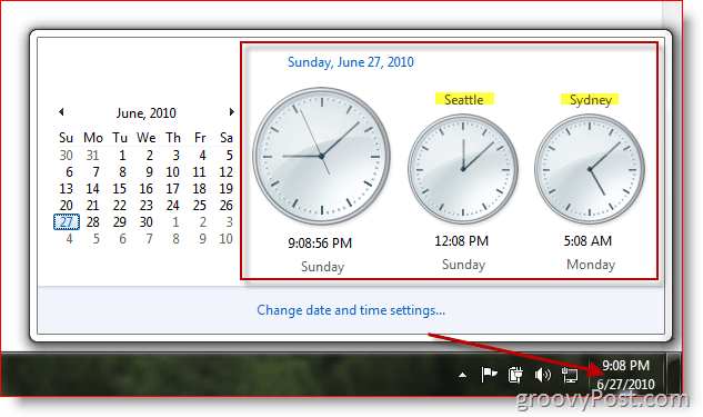 Microsoft Windows 7 s prikazom dodatnih ur v različnih časovnih pasovih